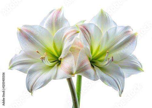 Stunning Alfresco Hippeastrum blooms in crisp white, long exposure showcasing detailed petals against a pure white backdrop.