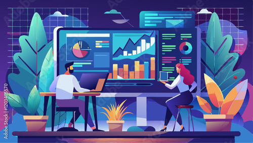 Data Analysis and Innovation: Two individuals work collaboratively in a modern office environment, surrounded by digital charts, graphs, and a display of innovation. A hub for progress and insight.