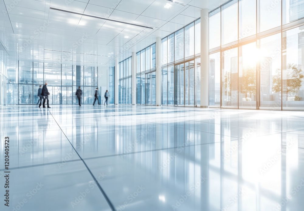 Bright and Modern Office Lobby with Glass Walls and Floor Reflections, People Walking in a Spacious Commercial Space during Daylight Hours Bright and Modern Office Lobby with Glass Walls and Floor Reflections, People Walking in a Spacious Commercial Space during Daylight Hours