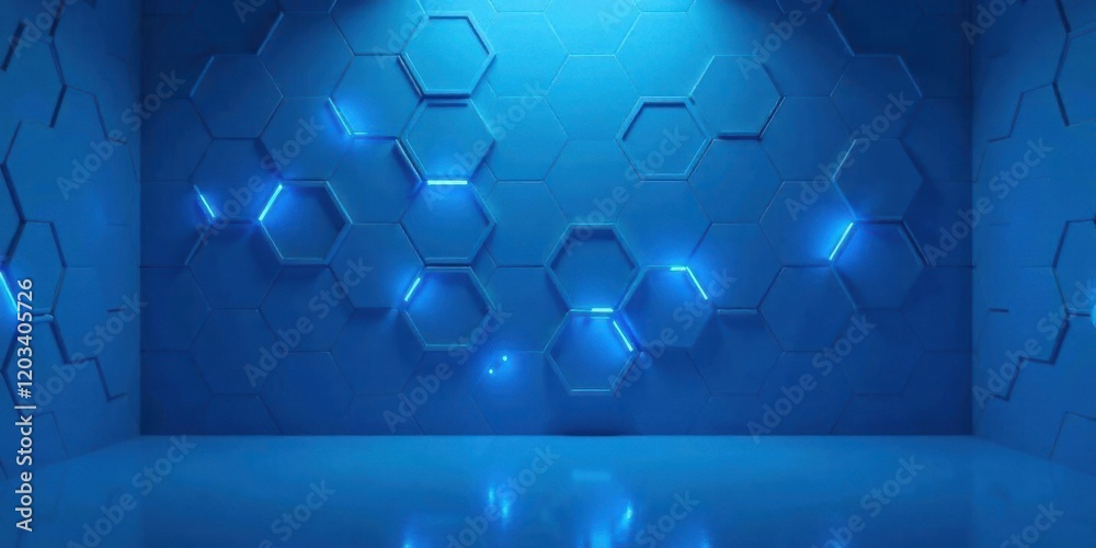 Fototapeta premium Abstract Hexagonal Room with Glowing Blue Accents and Reflective Floor