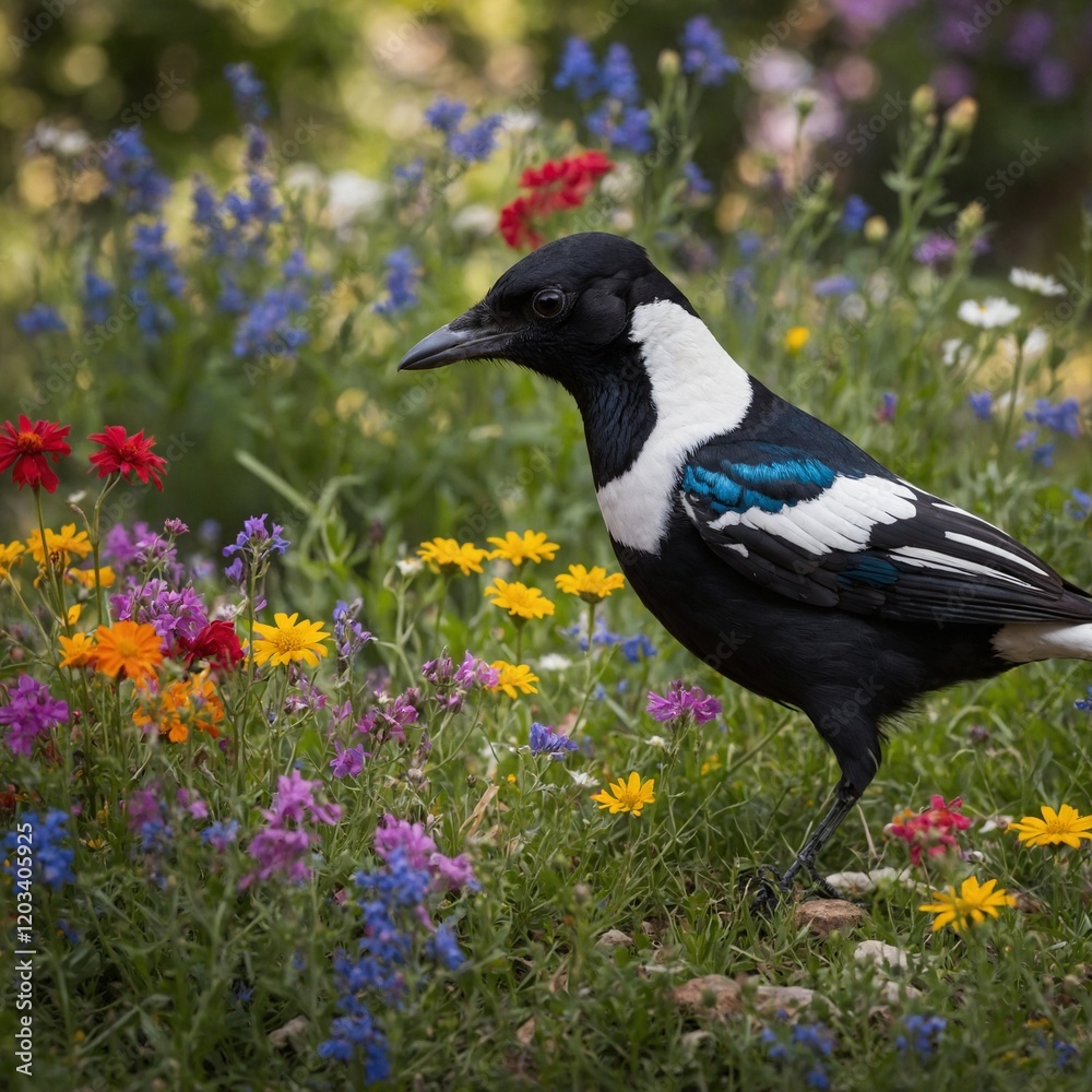 A magpie admiring shiny objects in a backyard filled with colorful wildflowers. A magpie admiring shiny objects in a backyard filled with colorful wildflowers.