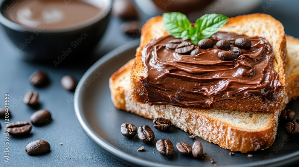 A delicious slice of toast slathered in rich chocolate spread, topped with whole coffee beans and mint leaves, set on a black plate surrounded by coffee beans. A delicious slice of toast slathered in rich chocolate spread, topped with whole coffee beans and mint leaves, set on a black plate surrounded by coffee beans.