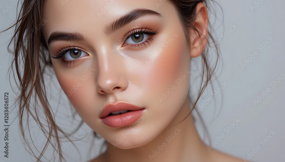 Close-up portrait of a beautiful young woman with flawless skin, perfect makeup, and natural-looking hair. Close-up portrait of a beautiful young woman with flawless skin, perfect makeup, and natural-looking hair.