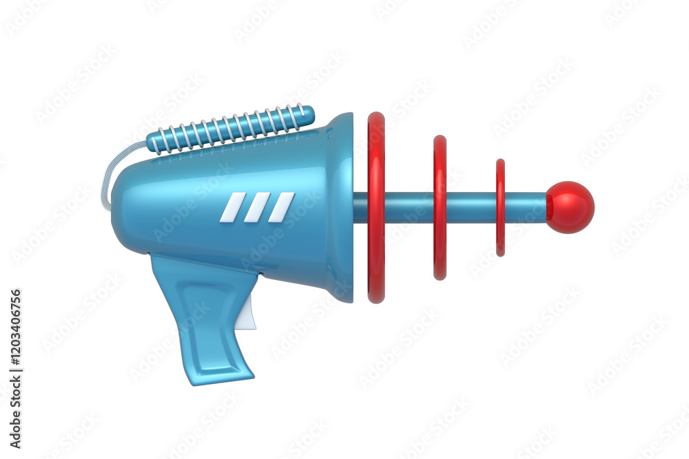 Naklejka premium Retro blaster isolated on white background. Futuristic laser weapon. Alien gun. Toy for children. Top view. 3d render