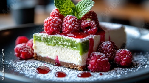 A slice of raspberry cheesecake with mint and light dusting of sugar, displayed on a dark plate, offering a balance of tartness, sweetness, and visual appeal. photo