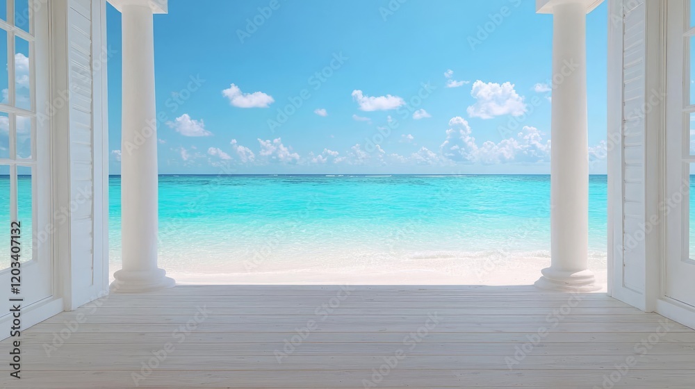 Fototapeta premium Tropical beach view from white gazebo; relaxing ocean scene, ideal for travel brochures