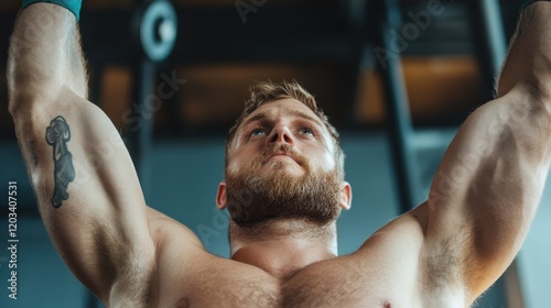 A muscular man with a beard focuses intently while lifting weights at a gym, showcasing strength, determination, and commitment in his athletic endeavor.