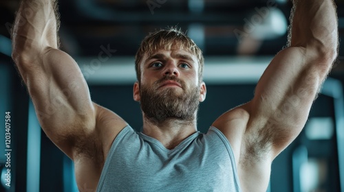 A fit individual lifts weights while at a gym, showcasing discipline, determination, and physical strength, emphasizing dedication to health and wellness goals. photo