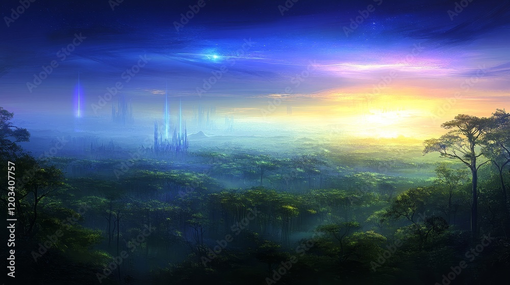 Naklejka premium Futuristic City Dawn Over Lush Tropical Forest