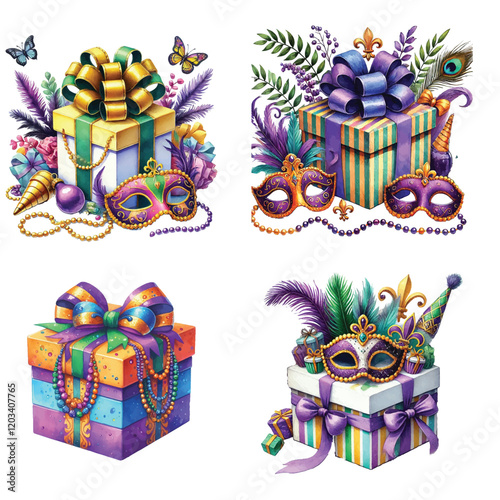 mardi gras watercolor gift box vector illustration isolated white background