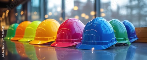 Colorful safety helmets lined up on a reflective surface in an industrial interior setting showcasing the importance of safety gear in modern workplaces photo