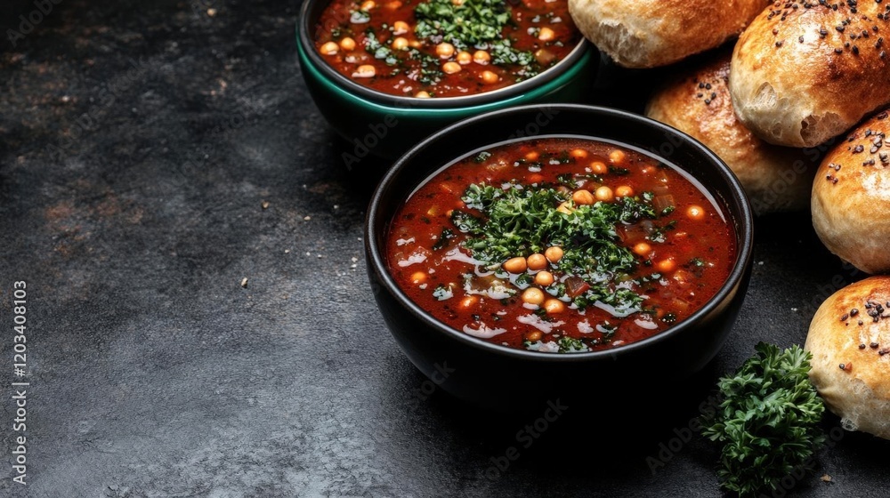 Hearty and flavorful soup with freshly baked bread, a delicious and comforting meal Hearty and flavorful soup with freshly baked bread, a delicious and comforting meal