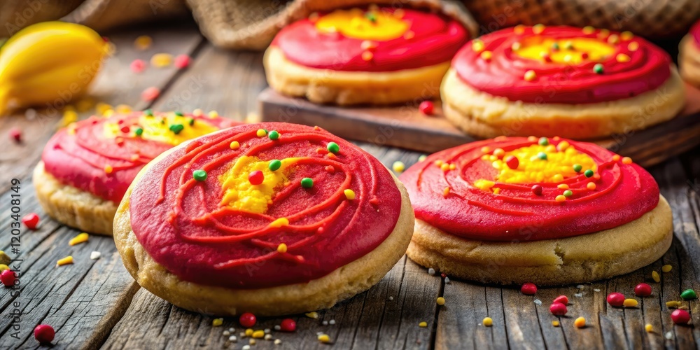 Fototapeta premium Vibrant red and yellow frosting adorns delicious sugar cookies; candid shots capture their sweet appeal.