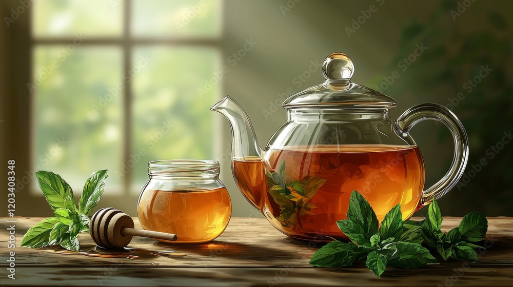 Vector design of teapot with honey and mint Quality setting Vector design of teapot with honey and mint Quality setting