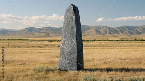 A giant hovering monolith in the middle of a digital desert, casting long, glowing shadows under an alien sky 