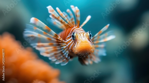 A lionfish with ornate fins approaches the viewer in a coral habitat, highlighting its colorful and unique features in the diverse marine environment. photo