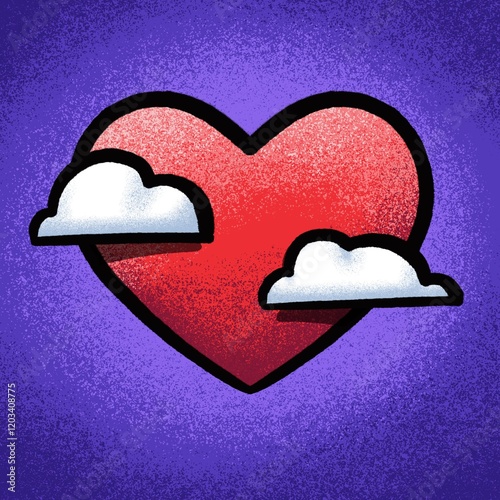 Untitled Artwhand drawn Ink and colour illustration of a heart floating in a night sky with overlapping cloudsrk