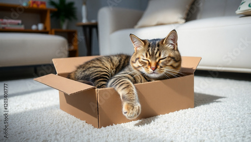 Tabby cat in cardboard box, cozy living room, soft lighting, fluffy carpet, curious expression, whiskers, paws hanging out, comfortable, domestic scene, photorealistic, high detail, warm tones, shallo photo