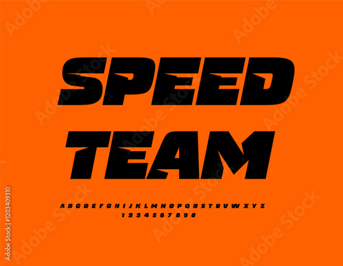 Vector Active flyer Speed Team. Black Digital Font for Sport, Fashion and Logo Design. Typography Urban style Alphabet Letters and Numbers set