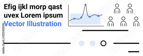 Line graph showing data points, six user avatars representing a team, scattered text, and various interface elements. Ideal for data presentation, team management, user interface design, analytics
