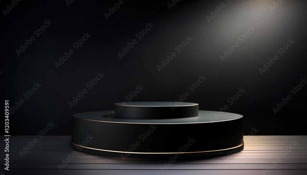 Elegant Black Minimalist Podium with Smooth Texture and Mysterious Lighting Elegant Black Minimalist Podium with Smooth Texture and Mysterious Lighting