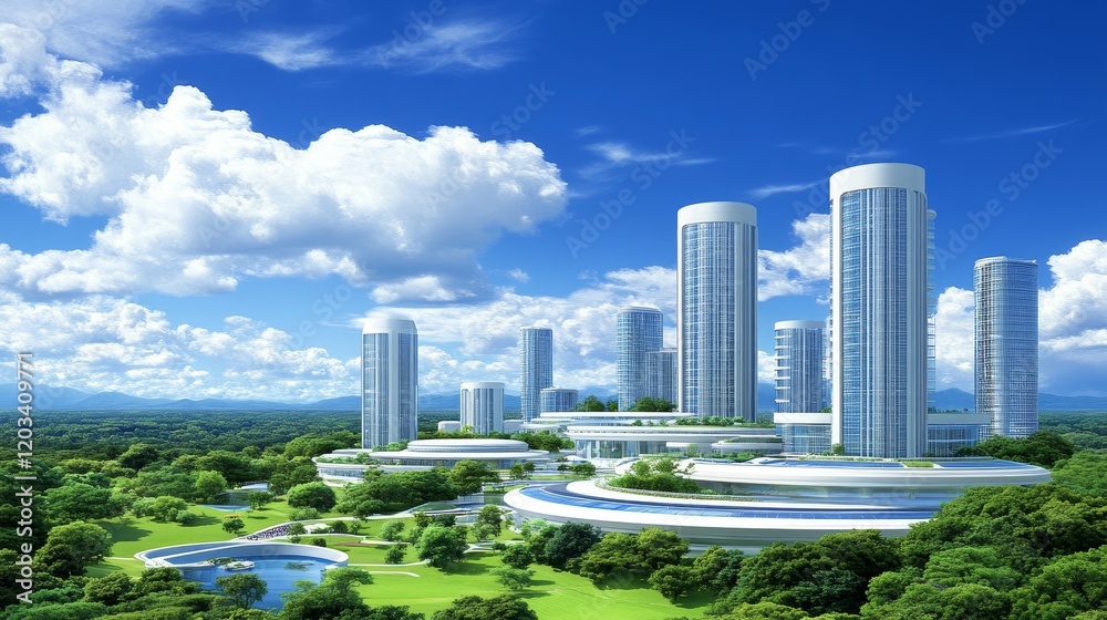 Fototapeta premium Futuristic Eco-Cityscape Modern Towers and Green Spaces