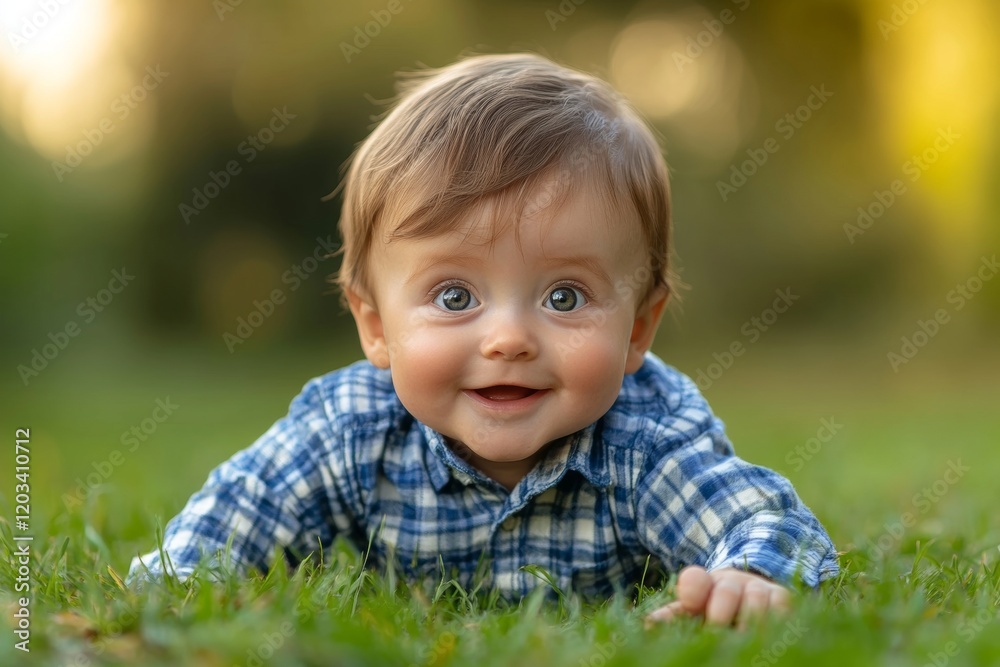 A baby is laying on the grass and smiling A baby is laying on the grass and smiling