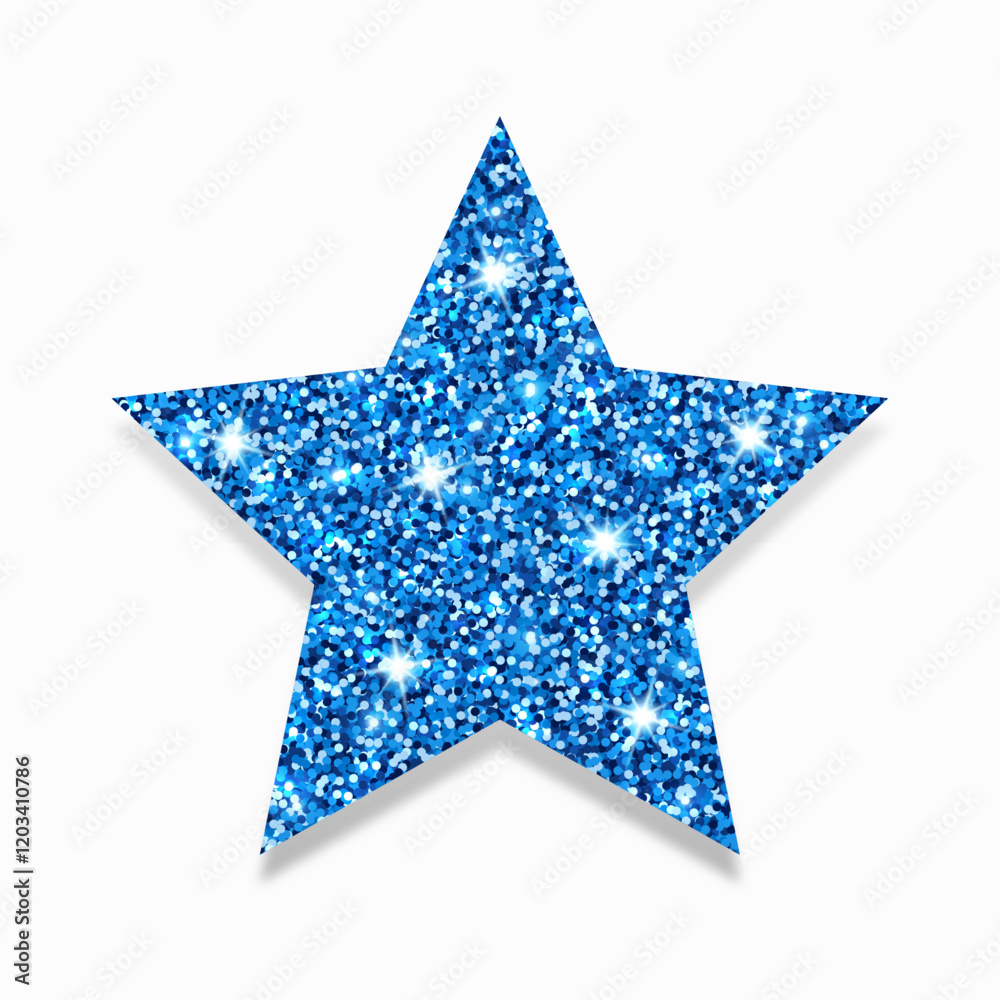 Blue glitter star on white background. Shiny blue star. Blue glitter star on white background. Shiny blue star.