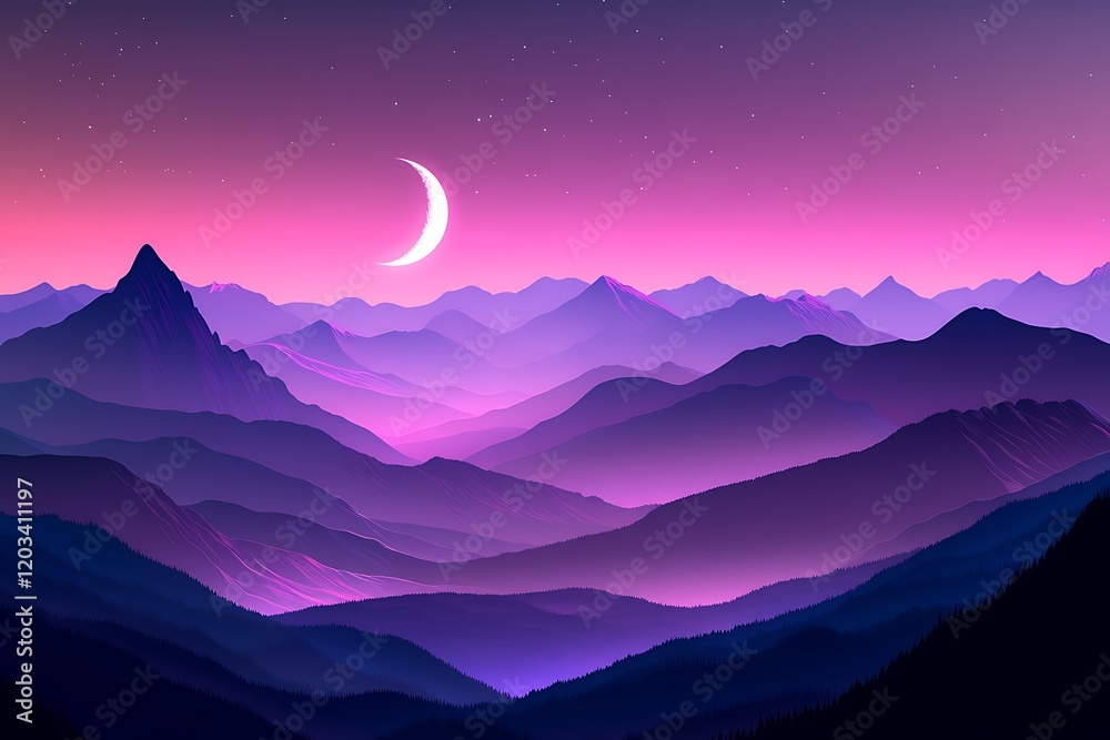 Purple Mountains at Night with Crescent Moon