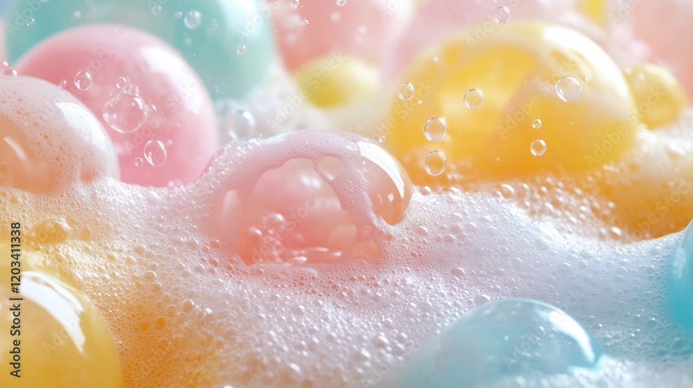 Vibrant background filled with colorful soap bubbles in shades of pink yellow and blue with soft foam creating a whimsical atmosphere evoking joy and playfulness in a bubbly scene