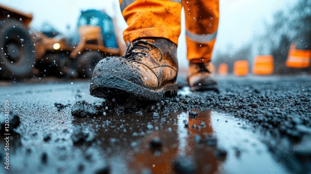 This image displays a worker's boot on a muddy construction site, illustrating hard work and determination in challenging weather conditions, embodying resilience. This image displays a worker's boot on a muddy construction site, illustrating hard work and determination in challenging weather conditions, embodying resilience.
