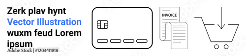 Credit card, detailed invoice, shopping cart and placeholder text illustrating payment process, billing concepts, commerce, purchases, and digital transactions. Ideal for finance, shopping