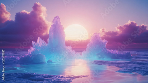 Alien landscape with crystalline formations growing from the ground, glowing softly under a double sunset  photo