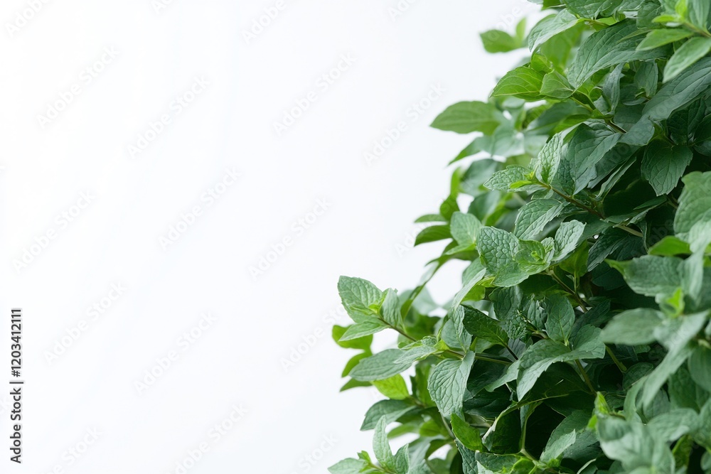 Fresh mint leaves, white background, herbal plant, culinary use Fresh mint leaves, white background, herbal plant, culinary use