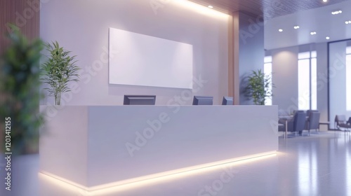 corporate branding identity logo display white blank frame mockup with modern business offices reception background as banner with copy space area mock up photo