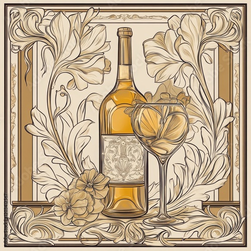 A Toast to Elegance: A bottle of white wine and a stemmed glass rest amongst intricate floral and architectural details in a vintage, stylized illustration.  