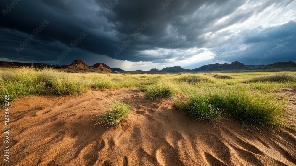 A stunning desert landscape showcasing dramatic skies, lush grass, and unique rock formations under a moody atmosphere, perfect for evoking a sense of adventure and solitude. A stunning desert landscape showcasing dramatic skies, lush grass, and unique rock formations under a moody atmosphere, perfect for evoking a sense of adventure and solitude.