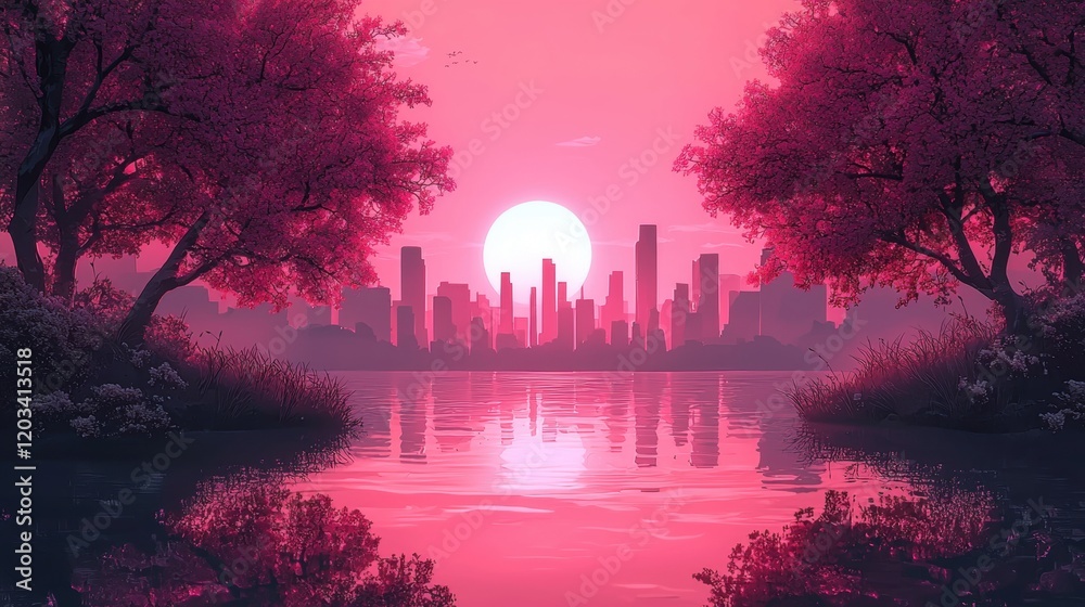 Fototapeta premium Pink sunset over city skyline with silhouettes of trees in the foreground creating a tranquil evening atmosphere