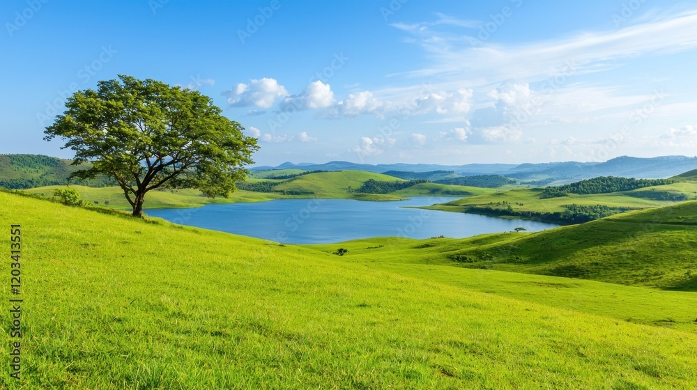 Obraz premium Serene Lake and Rolling Hills Landscape