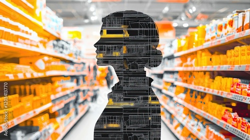 A silhouette of a shopper s head merged with bright and colorful grocery shelves symbolizing the decisionmaking process