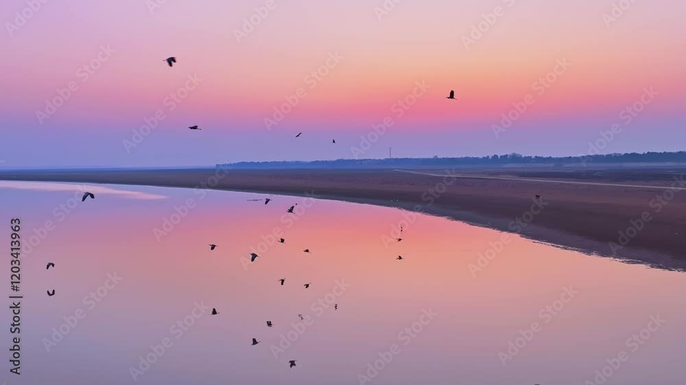A flock of migratory birds, sunset, egrets