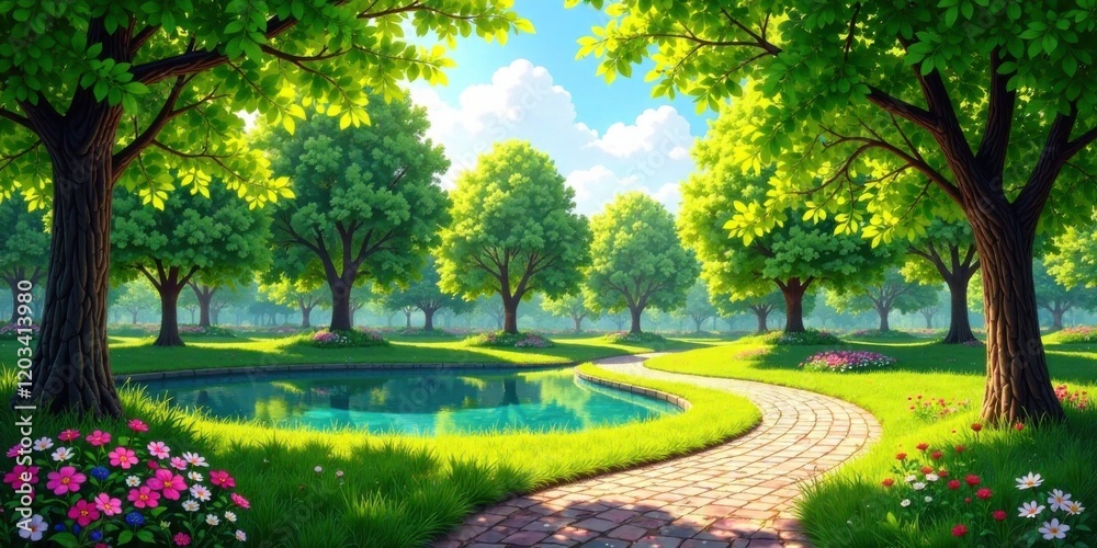 Fototapeta premium Serene Park Path Winding by a Tranquil Pond Under a Sunny Sky