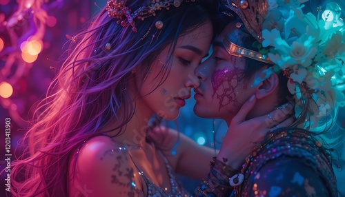 Close-up portrait of a couple in fantasy costumes, embracing with intricate headdresses and body art under neon lights.
