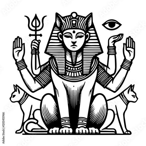 Bastet, Goddess of Protection: A detailed line art illustration of Bastet, the ancient Egyptian goddess, depicted with feline features, multiple arms, and symbolic artifacts.
