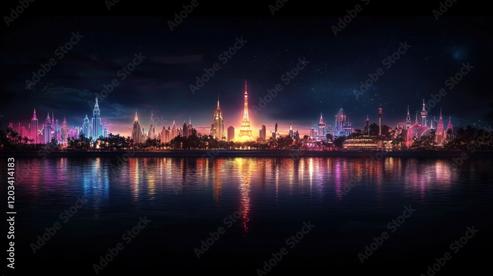 Fototapeta premium City skyline at night illuminated by bright lights with buildings and a clear sky in the background