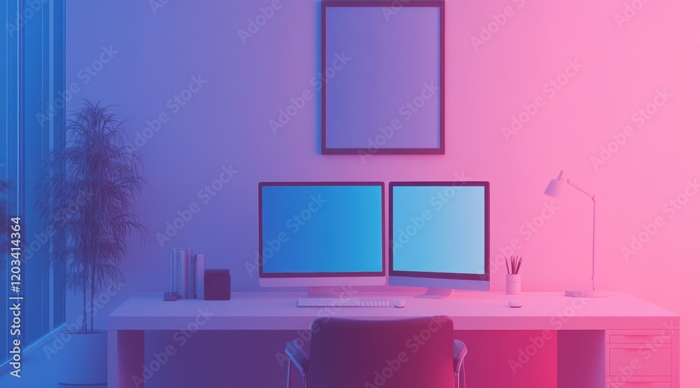 Modern workspace with computer in gradient light Modern workspace with computer in gradient light