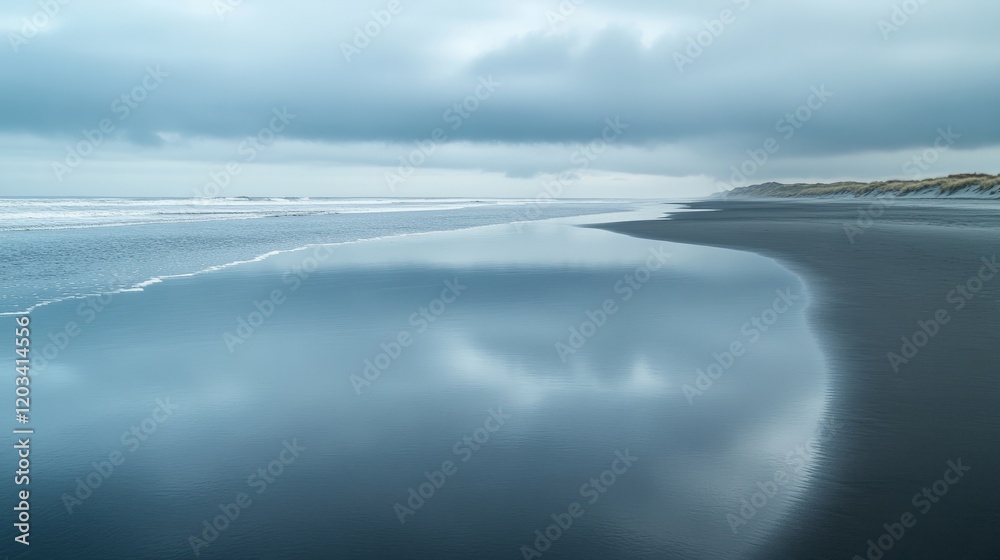 Calm ocean with a sandy beach, large copyspace in the empty horizon Calm ocean with a sandy beach, large copyspace in the empty horizon
