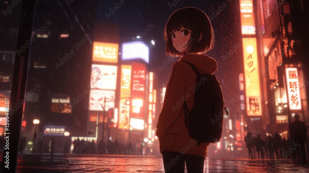 Woman standing in the rain on a city street with umbrellas and wet pavement in a bustling urban environment Woman standing in the rain on a city street with umbrellas and wet pavement in a bustling urban environment