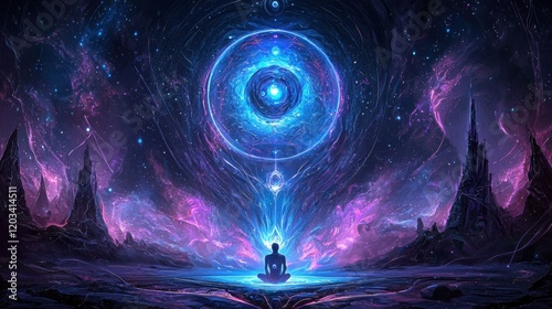 Man sitting in front of a blue and purple nebula in a cosmic space environment