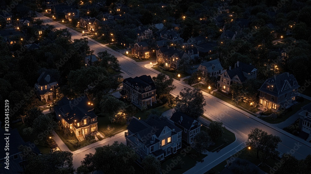 Fototapeta premium A bird's-eye view of a smart city at night, with glowing interconnected buildings and energy-efficient streetlights. Copy space.